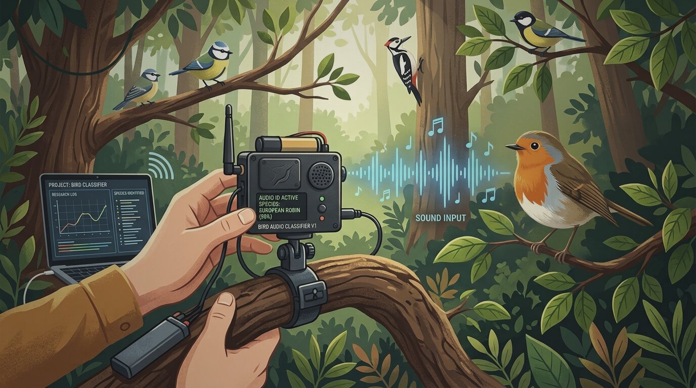 Illustration: a field recorder clipped to a branch identifying birdsong in a forest
