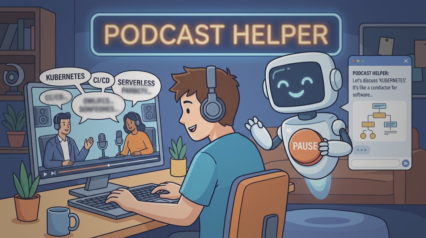 Illustration: a listener pausing a podcast while an assistant explains a term